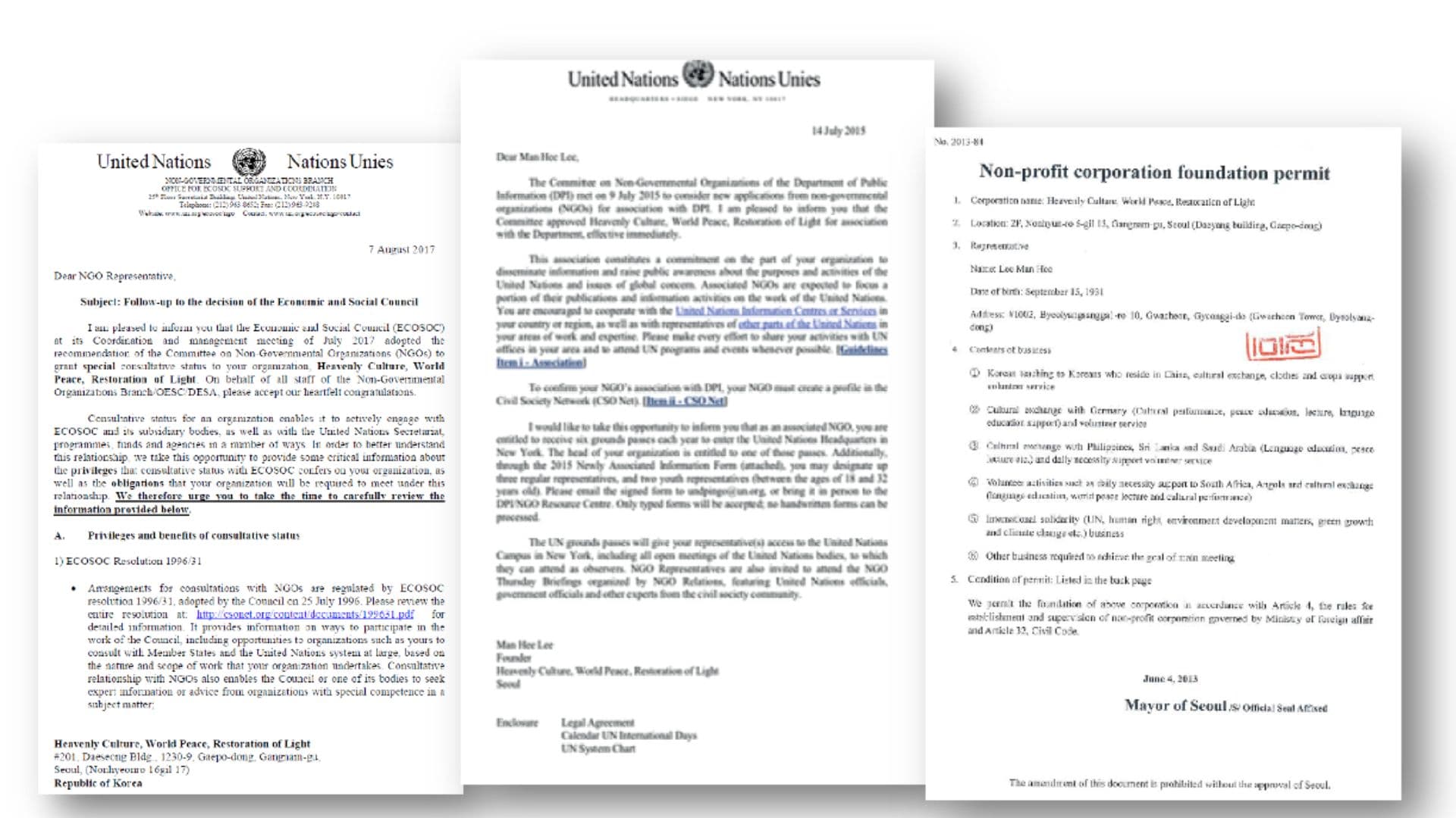 Drei gestapelte Dokumente. Vorne das Schreiben der UN-Abteilung für Nichtregierungsorganisationen vom 7. August 2017, das HWPL den ECOSOC-Sonderberaterstatus zuerkennt, dahinter ein Schreiben vom 14. Juli 2015 zur Assoziierung mit der UN-Hauptabteilung Presse und Information sowie die koreanische Genehmigung als gemeinnütziger Verein.